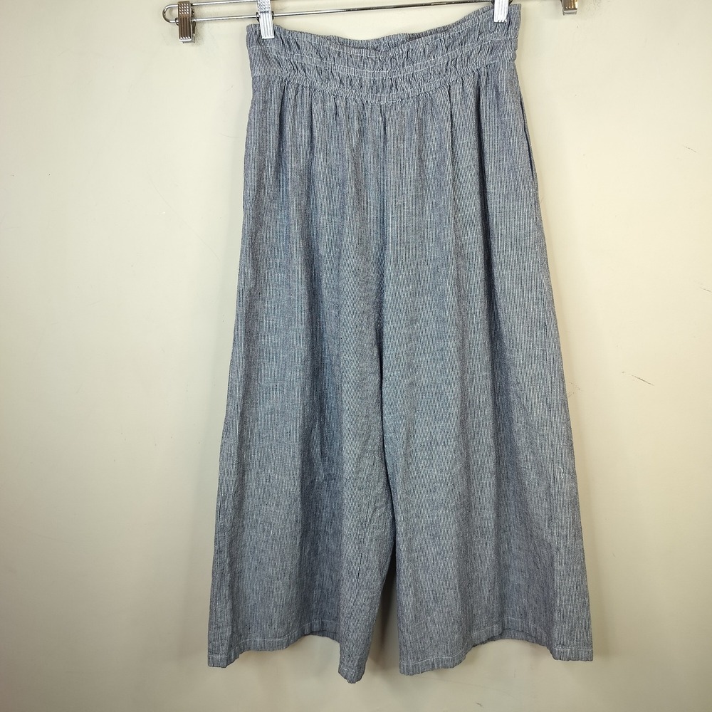 Anthropologie Wide Leg Cropped Pants Small Pinstripe Linen Blend Blue White